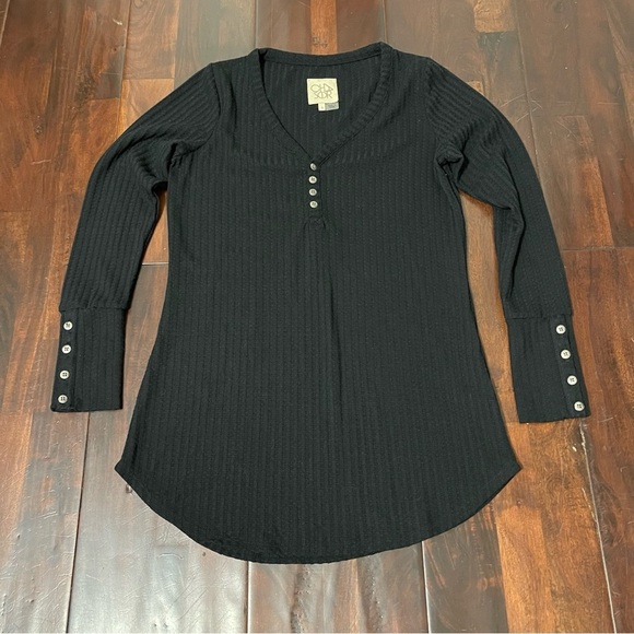 Chaser Black Long Sleeve Henley Waffle Knit Thermal Sweater Shirt Size Small - Picture 1 of 7